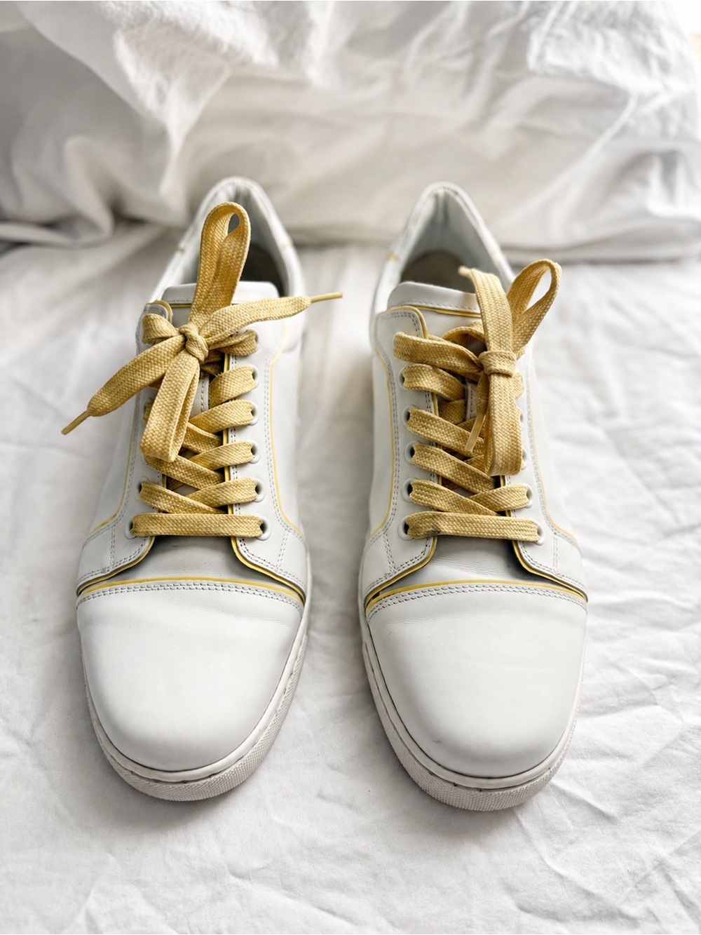 Christian Louboutin White & Yellow Leather Sneakers Red Bottoms
